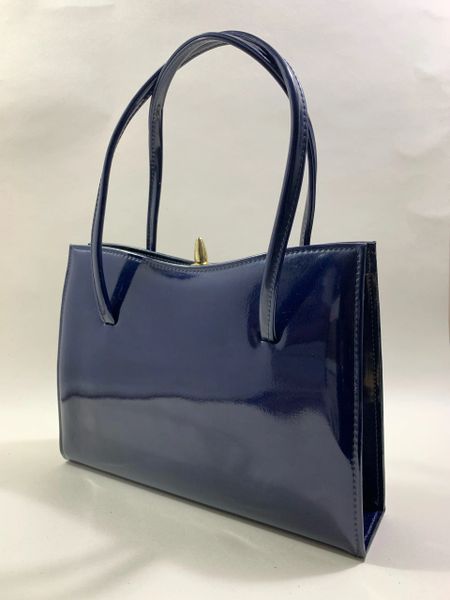 Vintage 1960s Unbranded Classic Handbag Blue Faux Patent With Buff Suede Lining