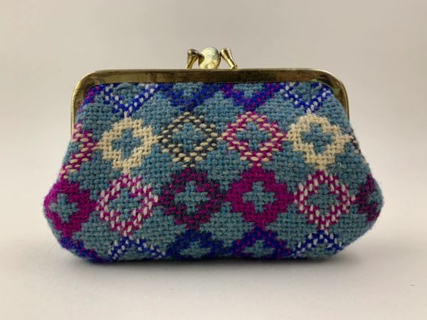 Vintage 1950s Inspired Blue Multi Tapestry Welsh Tweed Buff Faux Suede Lined Double Sided Coin Purse