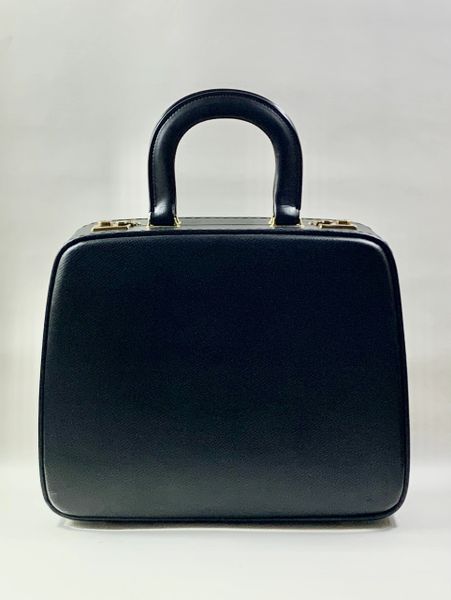 Vintage 1980s Black Faux Leather Overnight Vanity Case Red Lining Wash Bag Keys