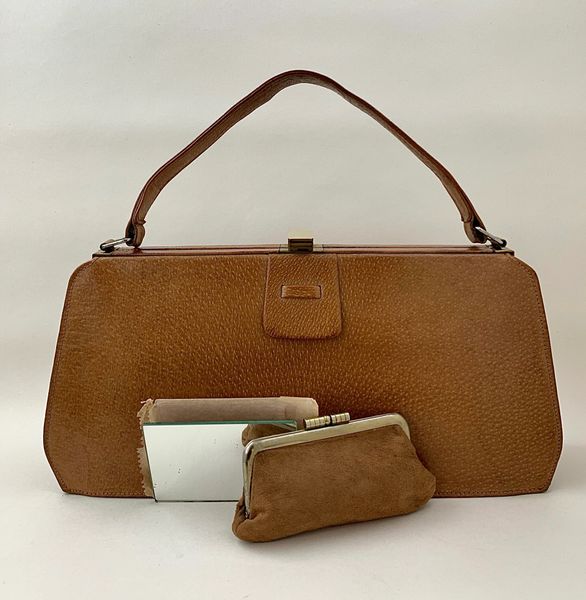 Vintage 1940s Tan Pig Skin Leather Handbag With Suede Lining Purse & Mirror