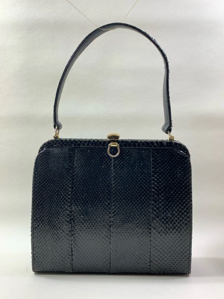 Wicklor Black Snake Skin Vintage 1960s Handbag With Black Moire Fabric Lining