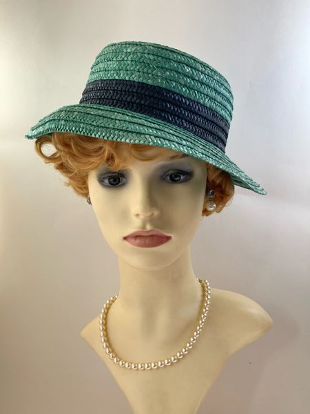 Vintage Traditional Green Small Brim Straw Hat Straw Black Straw Ribbon & Bow