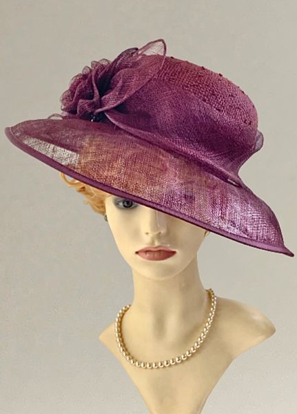 Cranberry Straw And Sinamay Dress Hat With Band And Flower Rosette Detail