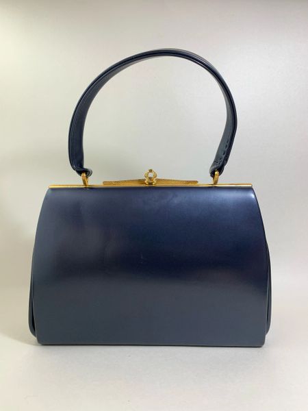 Vintage 1960s Dark Dusky Blue Faux Leather Handbag Suede Lining And Elbief Frame