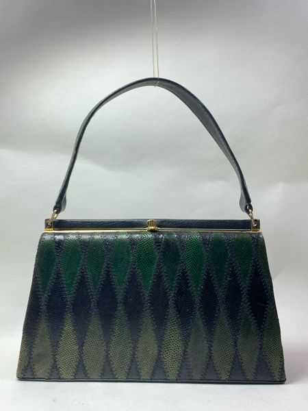 Vintage 1960s Black & Green Leather Harlequin Handbag Suede Lining Elbief Frame