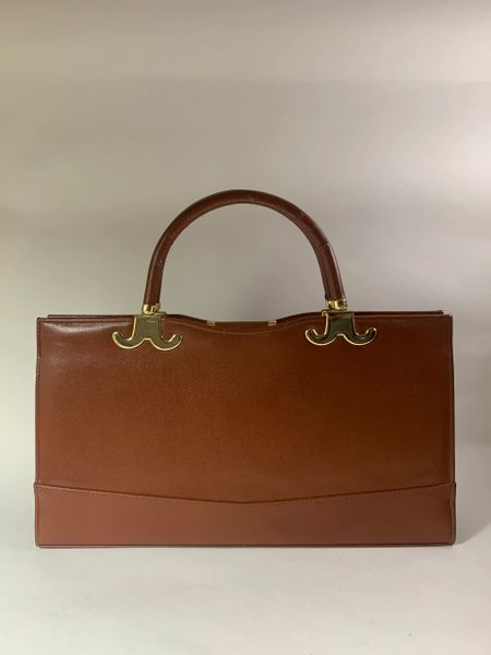 VTG 70s Brown Leather Lg Satchel Hand Shoulder Bag Purse Tote