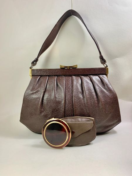 Vintage 1940s Brown Leather Handbag Fabric Lining Coin Purse & Kigu Compact
