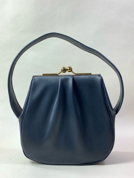 Vintage 1940s Dark Blue Synthetic Handbag With Kiss Clasp & Blue Fabric Lining