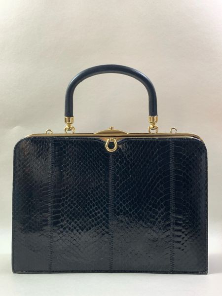 Eros Black Snake Skin & Leather Vintage 1960s Handbag Back Faux Leather Lining