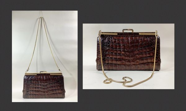 Vintage 1970s Brown Caïman Crocodile Shoulder Bag Buff Suede Lining Chain Strap