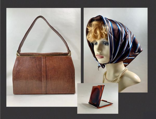 Jane Shilton Dark Tan Lizard Vintage 1950s Handbag With Fabric Lining Mirror & Scarf