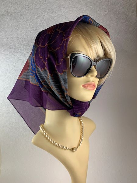 St Michael Vintage 1980s Head Scarf Purple Red Blue Poppies Polyester Stitched Hem