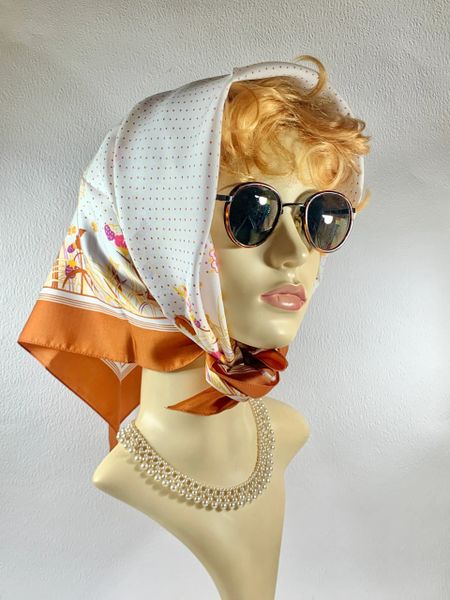 St Michael 26" Head Scarf Vintage 1980s Polyester White and Tan Floral Stitched Hem Edge