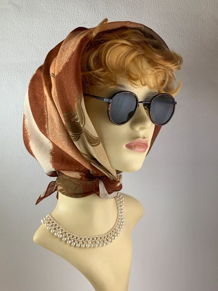 VERA Vintage 1960s Head Scarf Shades Of Brown Chrysanthemums Polyester Stitched Rolled Hem