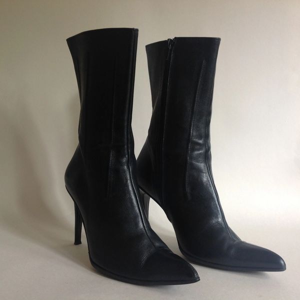 Free Pass Black All Leather Calf Length Sexy High Heel Boots Size Uk 3 Eu 36 Vintage Handbags Shoes Clothing