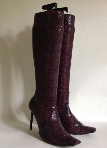 Casadei Purple Stiletto Knee High Snake Effect Stretch Boots UK 5 EU 38 US 7B