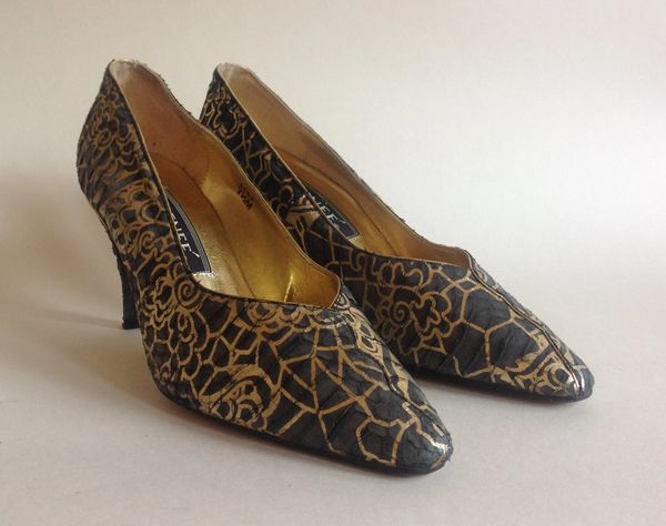 J Reneé Gold & Khaki Fabric Covered 1980s Vintage Court Shoe Size UK 5 EU 38