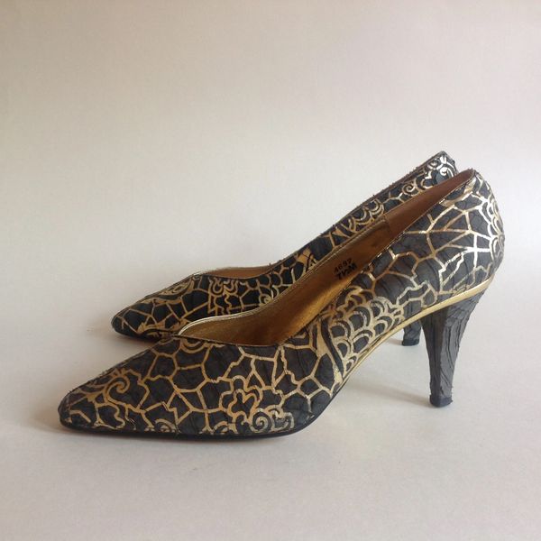 J Reneé Gold & Khaki Fabric Covered 1980s Vintage Court Shoe Size UK 5 ...