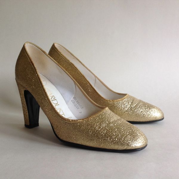 Dolcis Stardust Vintage 1960s Gold Larmé Fabric Court Shoe 3" Heel UK 3 EU 36