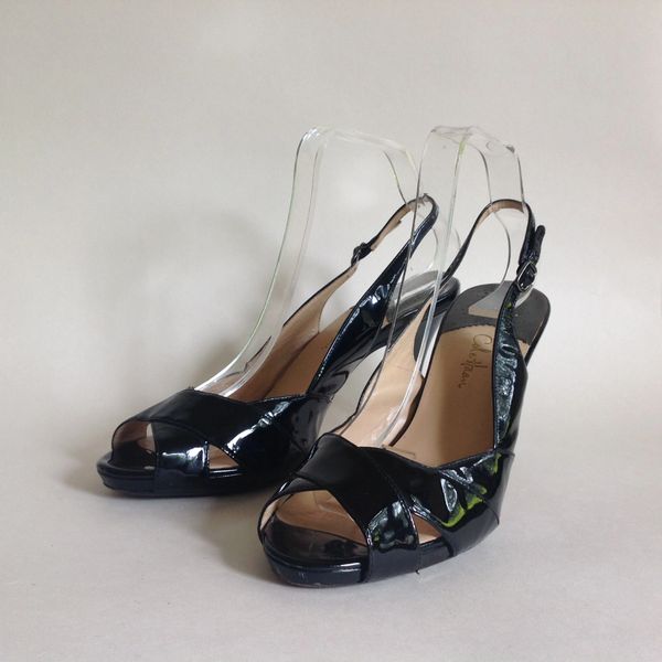 Cole Haan Black Patent Leather Nike Air Slingback Peep Toe High Heel ...