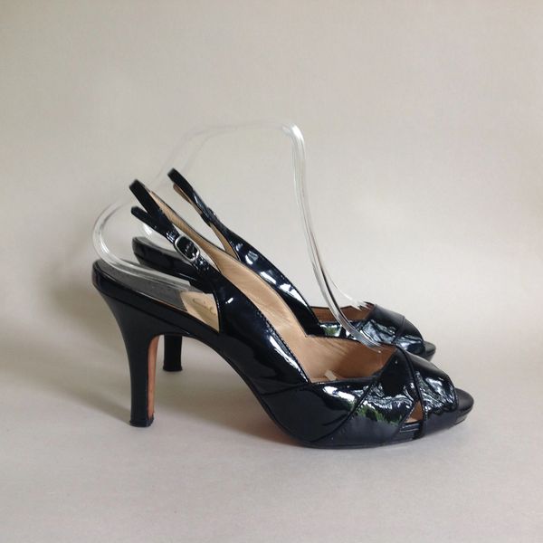 Cole Haan Black Patent Leather Nike Air Slingback Peep Toe High Heel ...