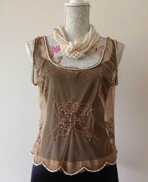 Atmosphere Camel Coloured Butterfly Patterned Beaded Pattern Sheer Sleeveless Over Top Size 12