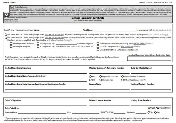 DOT Medical Certificates (Cards) MCSA 5876 3 ply Pack of 50