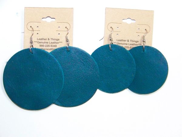 Big Circle 2 ½” or 2" Genuine Leather Earrings - Coral Blue