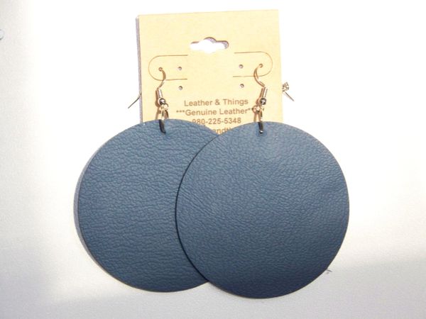 Big Circle 2 ½” or 2" Genuine Leather Earrings - Textured Blue