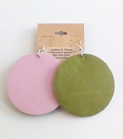 Big Circle 2 ½” or 2" Genuine Leather Earrings - Textured Pink & Green