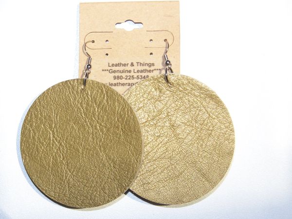 Big Circle 2 ½” or 2" Genuine Leather Earrings - Metallic Gold