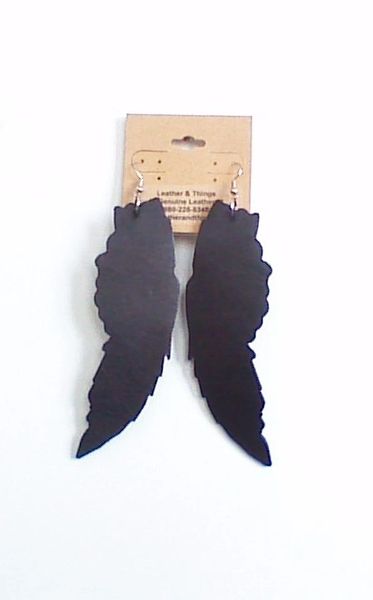 Large 4" Angel Wings Genuine Leather Earrings - Black