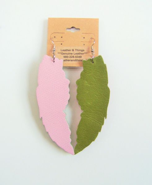 Large 4" Angel Wings Genuine Leather Earrings - Pink & Green