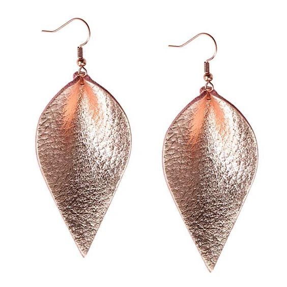 Handmade Genuine Leather Leaf Drop Earring - Metallic