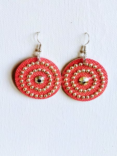 Bling Circle 2" or 1.5" Genuine Leather Earrings- Red