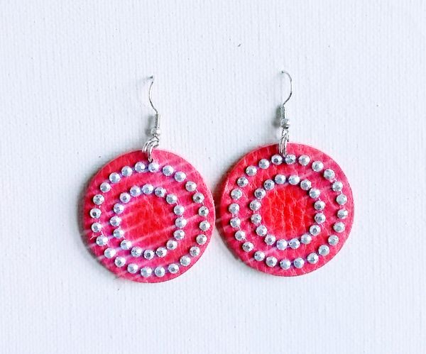 Bling Circle 1 1/2" or 2" Genuine Leather Earrings- Red