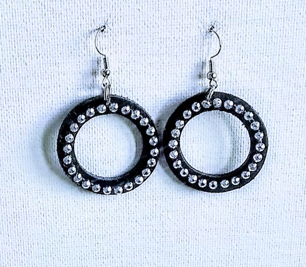 Bling Hoop 1 1/2"or 2"" Genuine Leather Earrings- Black