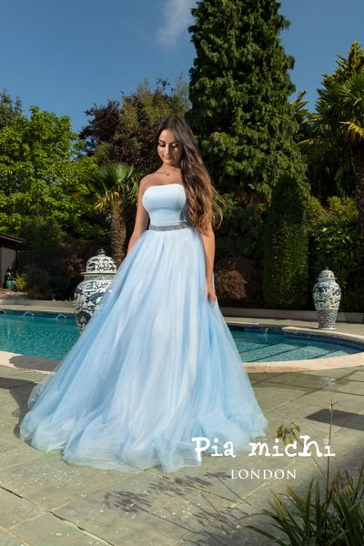 Pleated Strapless Sky Blue Prom Dress with Belt