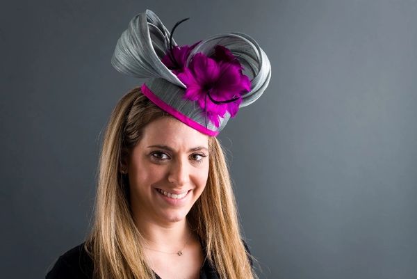 Silk Abaca Fascinator with fuchsia feather flowers and trim, great for the Kentucky Derby,
