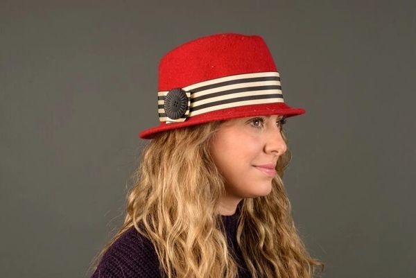 Red wool felt fedora with wide Black & white Striped Band