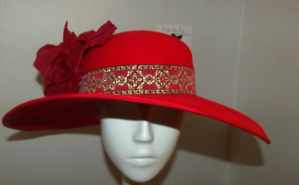 Red Fur Felt Big Brim Hat with hand tooled velvet flowers