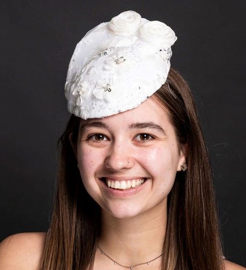White Percher Hat with white and silver beading. Great for a wedding or the Kentucky Derby