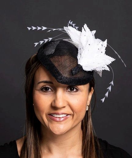 Black Sinamay Percher with black/white feathers