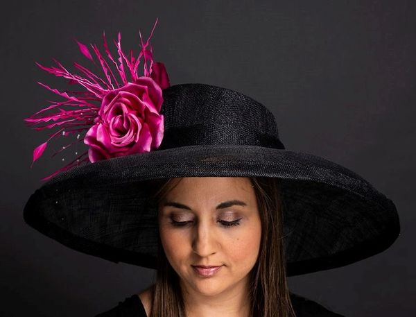 Black Sinamay Hat with Hot Pink Feathers Flowers