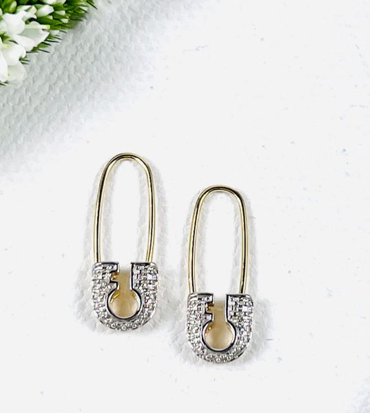 14K Gold Diamond Safety Pin Earrings