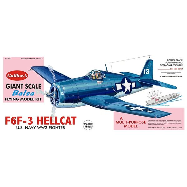 Guillow's F6F-3 Hellcat Navy WWII Fighter Balsa Wood Model Airplane Kit 1005