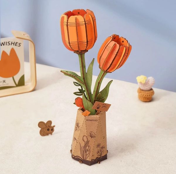 Rowood DIY Wooden Flower Orange Tulip 3D Wooden Puzzle TW081