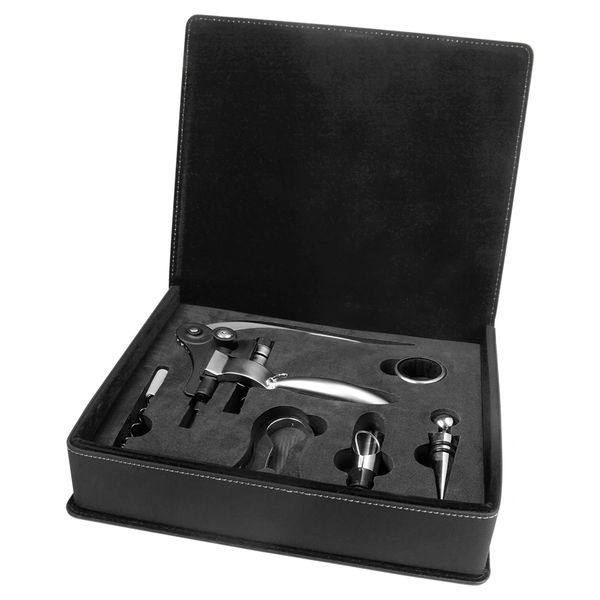 Black/Silver Laserable Leatherette 5-Piece Wine Tool Gift Set
