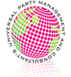 Universal Party Management official logo. Pink and green earth with UPM spelled out circling earth