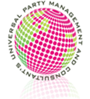 Universal Party Management official logo. Pink and green earth with UPM spelled out circling earth